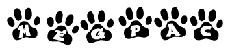 The image shows a row of animal paw prints, each containing a letter. The letters spell out the word Megpac within the paw prints.