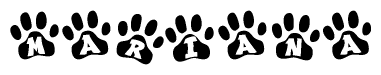 The image shows a series of animal paw prints arranged in a horizontal line. Each paw print contains a letter, and together they spell out the word Mariana.