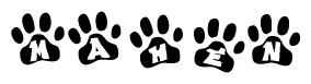The image shows a series of animal paw prints arranged horizontally. Within each paw print, there's a letter; together they spell Mahen