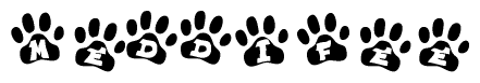 The image shows a row of animal paw prints, each containing a letter. The letters spell out the word Meddifee within the paw prints.