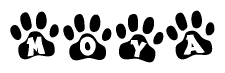 The image shows a series of animal paw prints arranged in a horizontal line. Each paw print contains a letter, and together they spell out the word Moya.