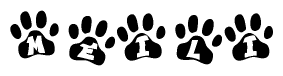The image shows a series of animal paw prints arranged horizontally. Within each paw print, there's a letter; together they spell Meili