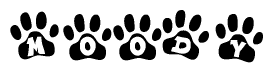 The image shows a series of animal paw prints arranged in a horizontal line. Each paw print contains a letter, and together they spell out the word Moody.