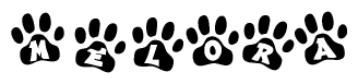 The image shows a series of animal paw prints arranged in a horizontal line. Each paw print contains a letter, and together they spell out the word Melora.
