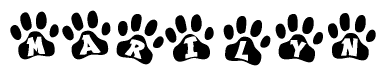 The image shows a row of animal paw prints, each containing a letter. The letters spell out the word Marilyn within the paw prints.