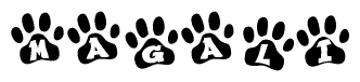 The image shows a row of animal paw prints, each containing a letter. The letters spell out the word Magali within the paw prints.