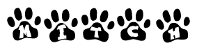 The image shows a row of animal paw prints, each containing a letter. The letters spell out the word Mitch within the paw prints.