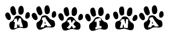 The image shows a series of animal paw prints arranged in a horizontal line. Each paw print contains a letter, and together they spell out the word Maxina.