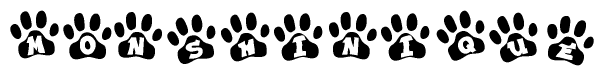The image shows a series of animal paw prints arranged horizontally. Within each paw print, there's a letter; together they spell Monshinique