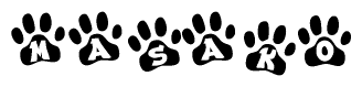 The image shows a series of animal paw prints arranged in a horizontal line. Each paw print contains a letter, and together they spell out the word Masako.