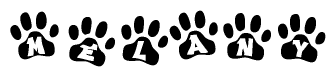 The image shows a series of animal paw prints arranged horizontally. Within each paw print, there's a letter; together they spell Melany