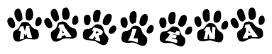 The image shows a series of animal paw prints arranged in a horizontal line. Each paw print contains a letter, and together they spell out the word Marlena.