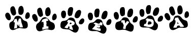 The image shows a series of animal paw prints arranged in a horizontal line. Each paw print contains a letter, and together they spell out the word Mireyda.