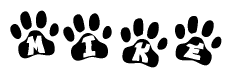 The image shows a series of animal paw prints arranged horizontally. Within each paw print, there's a letter; together they spell Mike