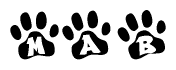 The image shows a series of animal paw prints arranged in a horizontal line. Each paw print contains a letter, and together they spell out the word Mab.