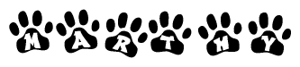 The image shows a row of animal paw prints, each containing a letter. The letters spell out the word Marthy within the paw prints.