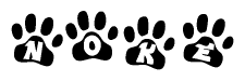 The image shows a series of animal paw prints arranged in a horizontal line. Each paw print contains a letter, and together they spell out the word Noke.