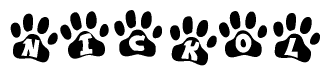 The image shows a row of animal paw prints, each containing a letter. The letters spell out the word Nickol within the paw prints.
