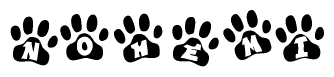 The image shows a series of animal paw prints arranged horizontally. Within each paw print, there's a letter; together they spell Nohemi