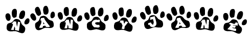 The image shows a series of animal paw prints arranged horizontally. Within each paw print, there's a letter; together they spell Nancyjane