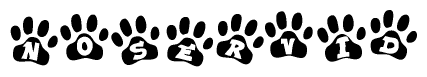 The image shows a series of animal paw prints arranged in a horizontal line. Each paw print contains a letter, and together they spell out the word Noservid.