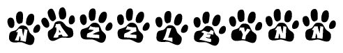 The image shows a series of animal paw prints arranged horizontally. Within each paw print, there's a letter; together they spell Nazzleynn
