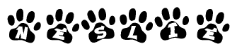 The image shows a series of animal paw prints arranged in a horizontal line. Each paw print contains a letter, and together they spell out the word Neslie.