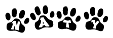 The image shows a series of animal paw prints arranged in a horizontal line. Each paw print contains a letter, and together they spell out the word Naty.