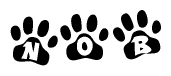 The image shows a series of animal paw prints arranged in a horizontal line. Each paw print contains a letter, and together they spell out the word Nob.