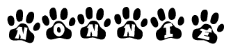 The image shows a series of animal paw prints arranged horizontally. Within each paw print, there's a letter; together they spell Nonnie
