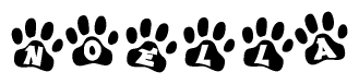 The image shows a row of animal paw prints, each containing a letter. The letters spell out the word Noella within the paw prints.