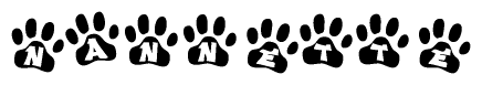 The image shows a series of animal paw prints arranged in a horizontal line. Each paw print contains a letter, and together they spell out the word Nannette.