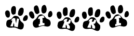 The image shows a row of animal paw prints, each containing a letter. The letters spell out the word Nikki within the paw prints.