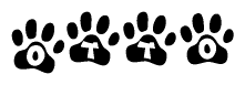 The image shows a series of animal paw prints arranged in a horizontal line. Each paw print contains a letter, and together they spell out the word Otto.
