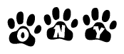 The image shows a series of animal paw prints arranged in a horizontal line. Each paw print contains a letter, and together they spell out the word Ony.