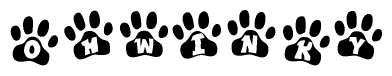 The image shows a series of animal paw prints arranged horizontally. Within each paw print, there's a letter; together they spell Ohwinky