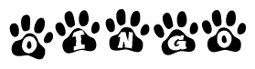 The image shows a row of animal paw prints, each containing a letter. The letters spell out the word Oingo within the paw prints.