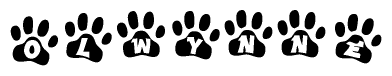 The image shows a series of animal paw prints arranged horizontally. Within each paw print, there's a letter; together they spell Olwynne