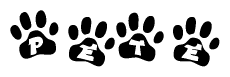 The image shows a series of animal paw prints arranged horizontally. Within each paw print, there's a letter; together they spell Pete