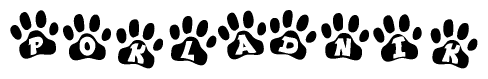 The image shows a row of animal paw prints, each containing a letter. The letters spell out the word Pokladnik within the paw prints.