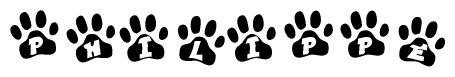 The image shows a series of animal paw prints arranged horizontally. Within each paw print, there's a letter; together they spell Philippe