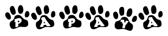 The image shows a series of animal paw prints arranged horizontally. Within each paw print, there's a letter; together they spell Papaya