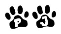 The image shows a series of animal paw prints arranged in a horizontal line. Each paw print contains a letter, and together they spell out the word Pj.