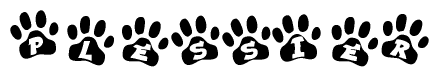 The image shows a series of animal paw prints arranged horizontally. Within each paw print, there's a letter; together they spell Plessier