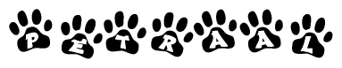 The image shows a series of animal paw prints arranged horizontally. Within each paw print, there's a letter; together they spell Petraal