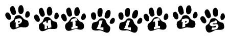 The image shows a series of animal paw prints arranged horizontally. Within each paw print, there's a letter; together they spell Phillips