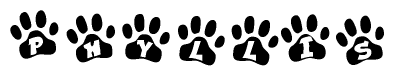 The image shows a series of animal paw prints arranged in a horizontal line. Each paw print contains a letter, and together they spell out the word Phyllis.