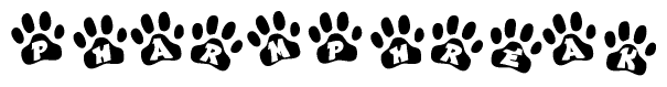 The image shows a series of animal paw prints arranged horizontally. Within each paw print, there's a letter; together they spell Pharmphreak