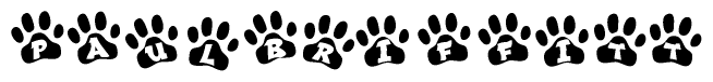 The image shows a series of animal paw prints arranged horizontally. Within each paw print, there's a letter; together they spell Paulbriffitt