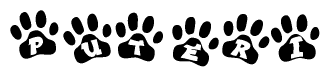 The image shows a series of animal paw prints arranged in a horizontal line. Each paw print contains a letter, and together they spell out the word Puteri.